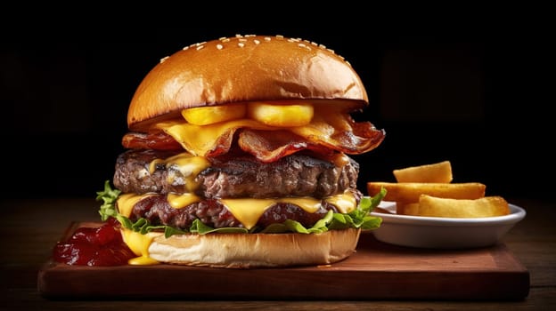 Juicy tasty hamburger on the table. Fast food image of a burger with grilled meat. Generated AI
