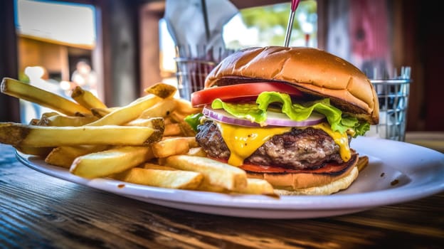 Juicy tasty hamburger on the table. Fast food image of a burger with grilled meat. Generated AI