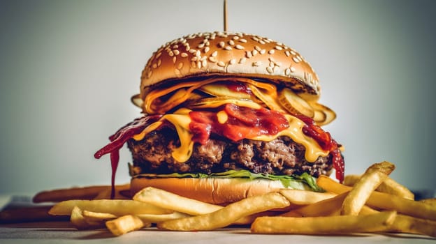 Juicy tasty hamburger on the table. Fast food image of a burger with grilled meat. Generated AI