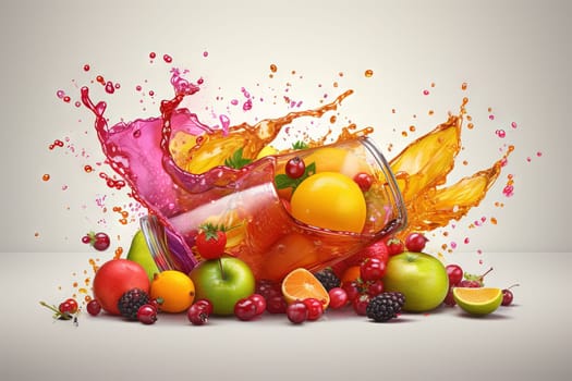 Glass of juice with fruits and berries on the table. Drink splash of sweet organic cocktail. Generated AI