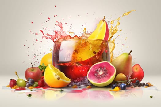 Glass of juice with fruits and berries on the table. Drink splash of sweet organic cocktail. Generated AI