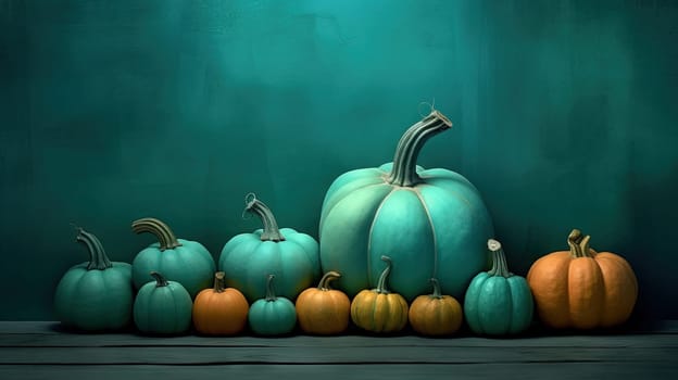 Still life with orange pumpkin on the blue background. Autumn harvest and fall holidays. Generated AI
