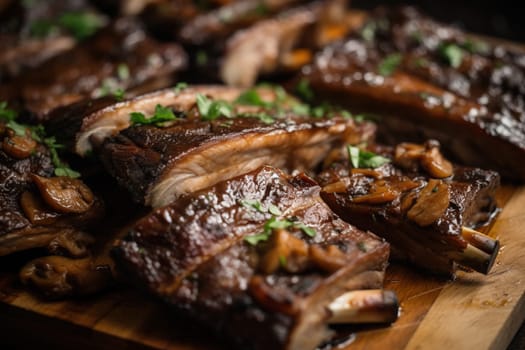 Juicy ribs barbeque served with green spices. Summer BBQ meal with tasty fresh meat on the rib bones. Generated AI