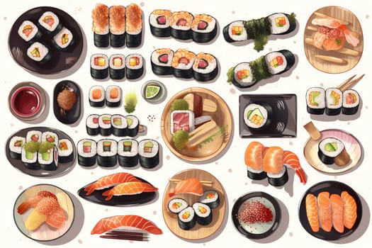 Sushi set. Collection of fast fool in asian style. Classic shushi and rice rolls. Generated AI