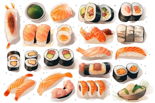 Sushi set. Collection of fast fool in asian style. Classic shushi and rice rolls. Generated AI