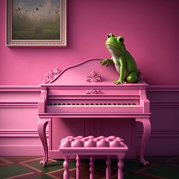 Frog in the pink room with piano. Cute green musician frog. Generated AI