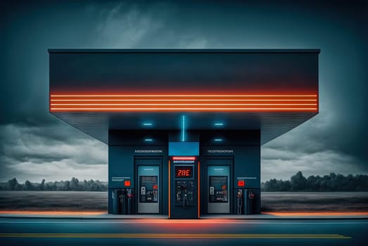 Neon gas starion in the night. Neon cyberpunk or travel concept with dark gas station shop. Generative AI