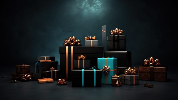 Compostion of gift boxes with ribbons for holiday sale event. Generated AI