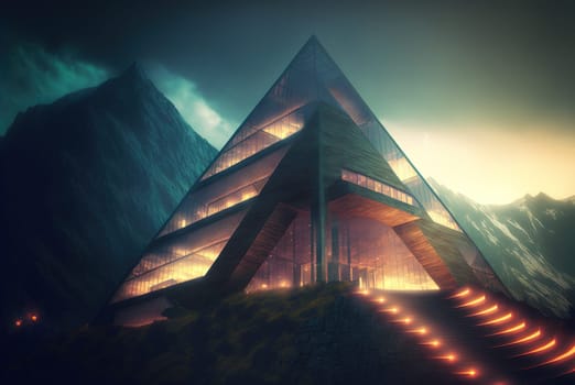 Glass architecture in the mountain landscape. Architectural abstraction combined with nature. Generated AI