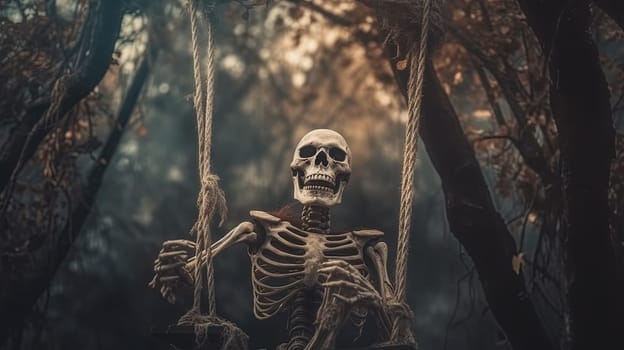 Halloween card with skeleton on a swing. Relaxing skeleton for party invitation on autumn holidays. Generated AI