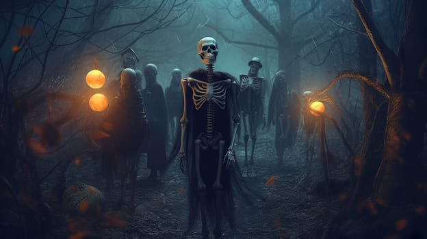 Skeleton holding the lamp in a dark forest during Halloween holiday. Dark art with monsters in the forest at fall. Generated AI