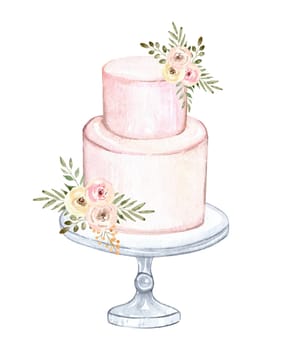 Watercolor pink wedding cake on plate with flowers illustration isolated on white background