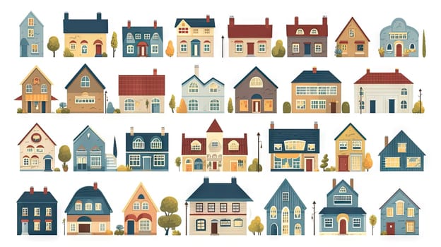 Set of cute residental houses in the neighborhood. Colorful architecture of suburb or village cottages. Generated AI