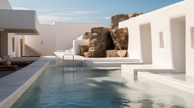 Hotel pool in the sunny day with blue water and white buildings. Resort architecture with swimming pool. Generated AI