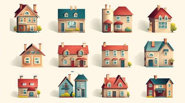 Set of cute residental houses in the neighborhood. Colorful architecture of suburb or village cottages. Generated AI