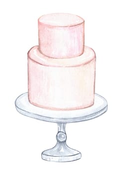 Watercolor wedding cake on stand illustration isolated on white background
