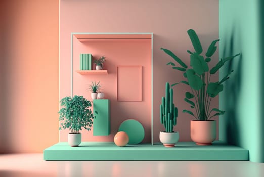 Abstract colorful interior with plants and minimalistic decorations. Vivid colored architectural background. Generated AI