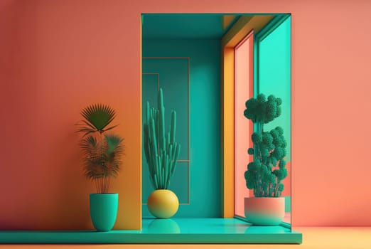 Abstract colorful interior with plants and minimalistic decorations. Vivid colored architectural background. Generated AI