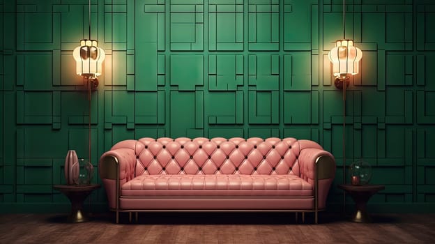 Interior with sofa in green and pink colors. Stylish contrasting colorful room with couch. Generated AI