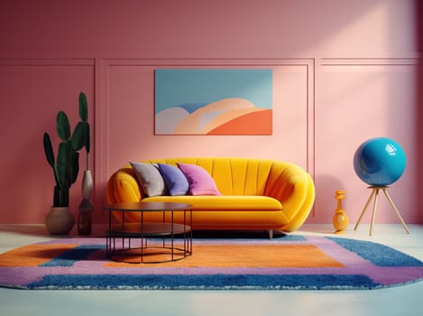 Colorful interior with sofa. Cozy room with comfortable couch and pillows. Generated AI