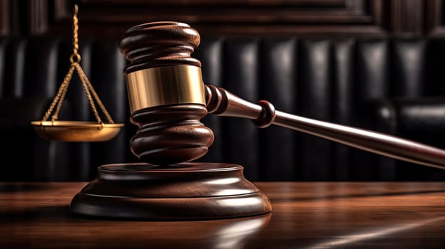 Judge hammer in the court room. Wooden gavel as a symbol of justice. Generated AI