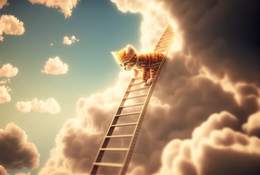 Curious kitten climbing the ladder to the sky with clouds. Cute tiny cat on the stairway. Generated AI