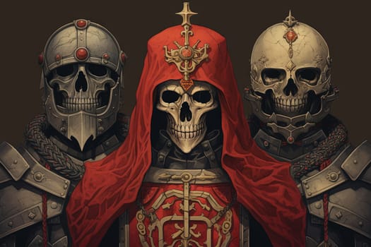 Mystic knight portraits in metal armor. Occult scary knights in medieval alchemy art style