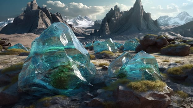 Science fiction landscape with glass mountains. Alien planet with melted glass rocks. Generated AI