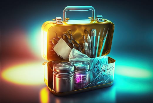 First aid kit with abstract box, medicines and supplies. Emergency health care equipment set. Generated AI