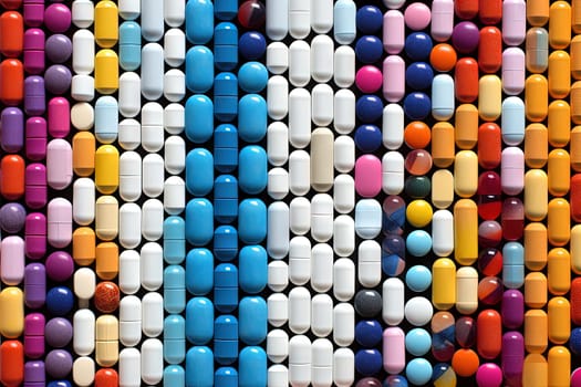 Background with pills and capsules ordered in rows or pattern. Medical drug or dietary supplement concept. Generated AI