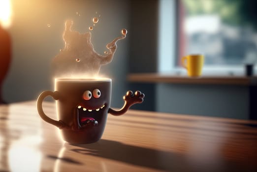 Coffee monster with crazy eyes. Cute character with caffeine energy, very excited. Generated AI