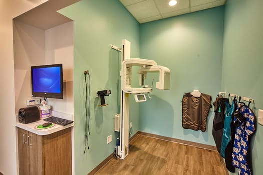 Modern Dental Office in Fort Wayne, Indiana, showcasing advanced panoramic X-ray machine, workstation for dental image analysis, and safety-focused lead aprons, 2016.