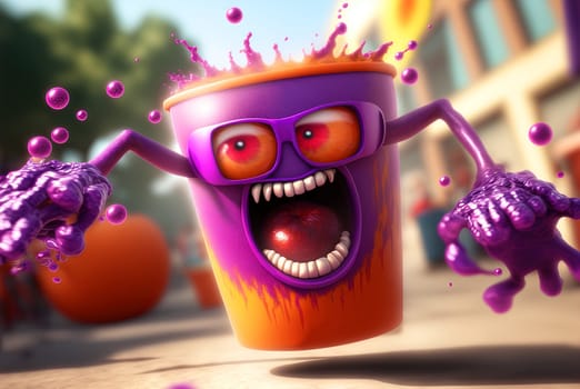 Funny monster juice. Cute glass of juice character with splashing fresh beverage. Generated AI