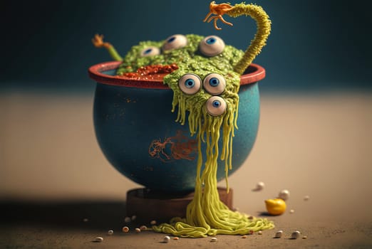 Funny monster spaghetti. Cute pasta, noodle or ramen character with crazy funny face. Generated AI