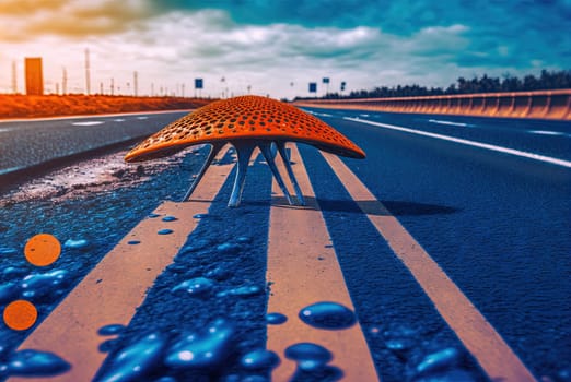 Mysterious sci-fi alien mushroom growing through the asphalt road. Generated AI