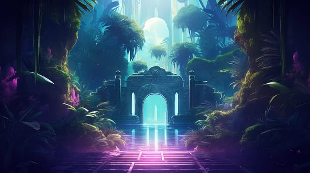 Mysterious door in the jungle. Neon colored scene with magic portal in the woods. Magic gate. Generated AI