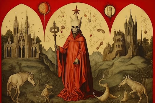 Medieval styled occult art with skeleton and monsters. Ancient icon or old book illustration with mystic religious scene. Generated AI