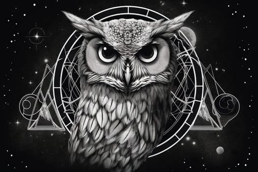 Wild owl with mystic design elements. Occult wise bird black and white symbol in vintage style. Generated AI.