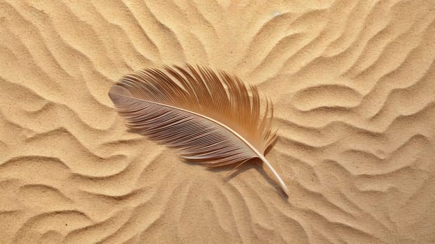 Feather on the tropical beach sand. Vacation and relaxation concept with bird feather on the hot summer beach. Generated AI