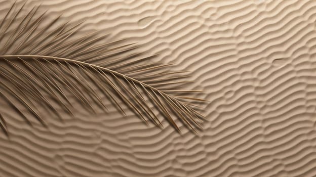 Plam leaf on the tropical beach sand. Vacation and relaxation concept with dry palm leaf on the hot summer beach. Generated AI