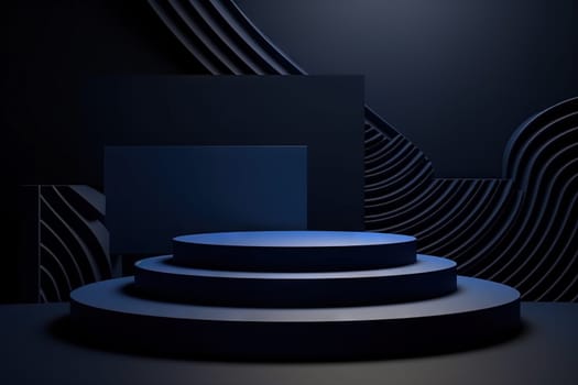 Dark blue pedestal in black room with geometric shapes. Podium for product showcase. Generated AI
