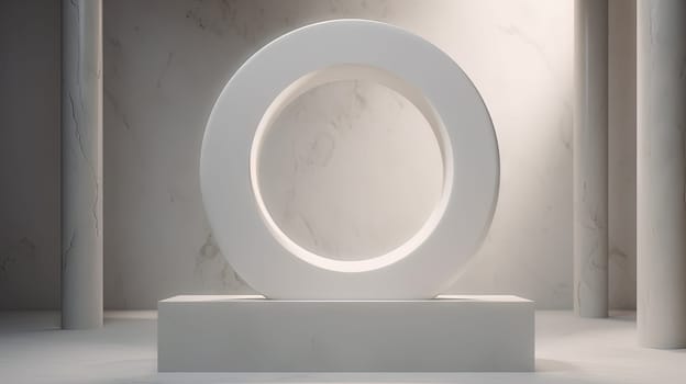Abstract ancient pedestal in minimalistic room. Interior with sone podium. Generated AI