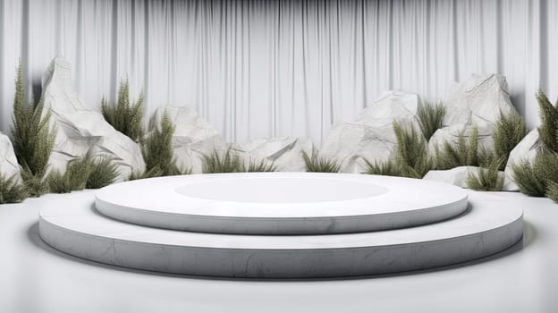 Abstract ancient pedestal in minimalistic room. Interior with sone podium. Generated AI