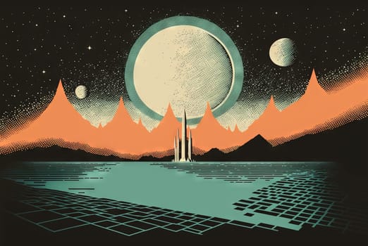 Retro styled sci-fi landscape with mountains. Retro futuristic science fiction illustration in drawing style with alien sun. Generated AI