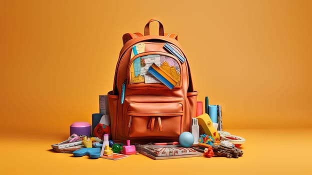 School backpack with colorful learning supplies. Back to school concept. Generated AI