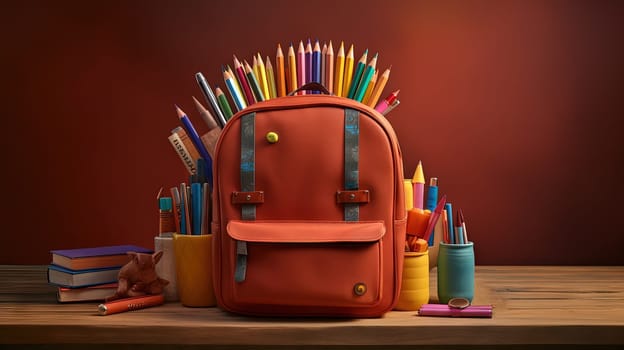 School backpack with colorful learning supplies. Back to school concept. Generated AI