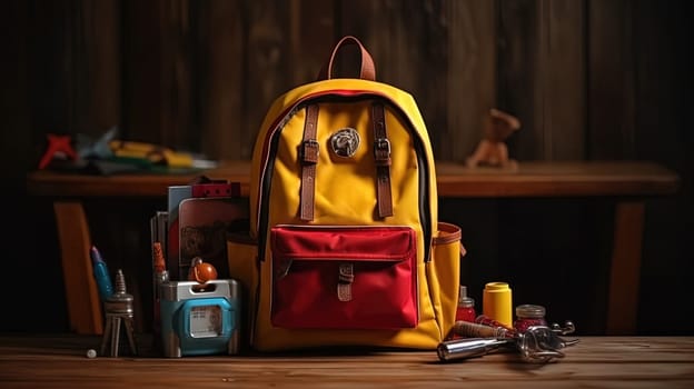 School backpack with colorful learning supplies. Back to school concept. Generated AI