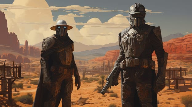Space cowboys in sci-fi western scene. Sci-fi warriors of the wasteland. Generated AI