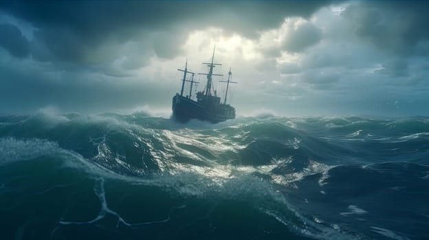 Ship in the stormy sea with huge waves. Giant stormy waves in the ocean and boat. Generated AI