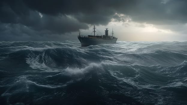 Ship in the stormy sea with huge waves. Giant stormy waves in the ocean and boat. Generated AI